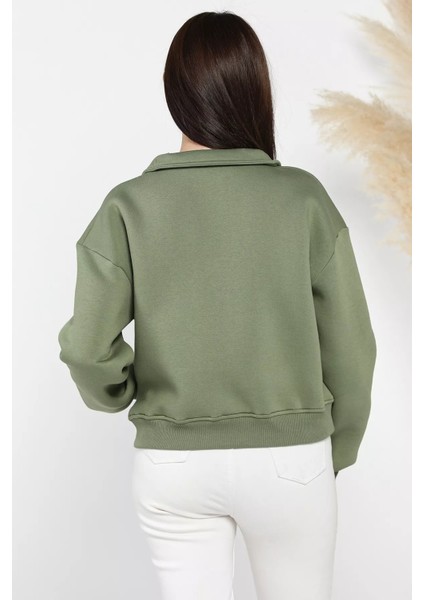 Dik Yaka Yarım Fermuarlı Şardonlu Kadın Sweatshirt modelleri