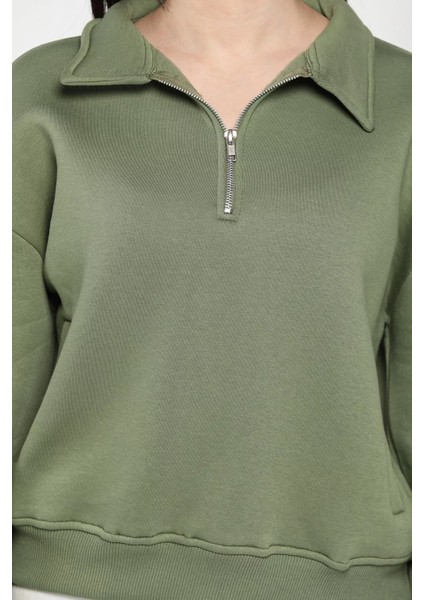 Dik Yaka Yarım Fermuarlı Şardonlu Kadın Sweatshirt fırsatları