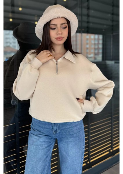 Dik Yaka Yarım Fermuarlı Şardonlu Kadın Sweatshirt fiyatları