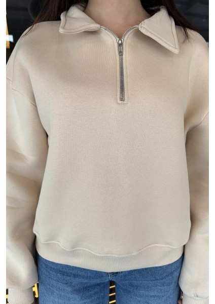 Dik Yaka Yarım Fermuarlı Şardonlu Kadın Sweatshirt modelleri