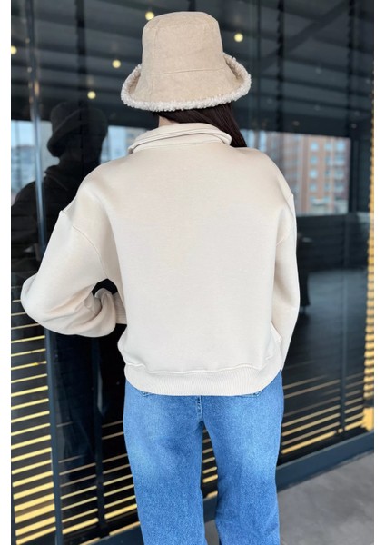 Dik Yaka Yarım Fermuarlı Şardonlu Kadın Sweatshirt fırsatları