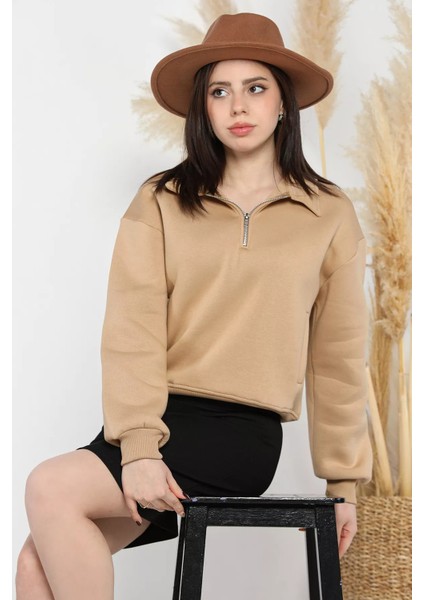 Dik Yaka Yarım Fermuarlı Şardonlu Kadın Sweatshirt