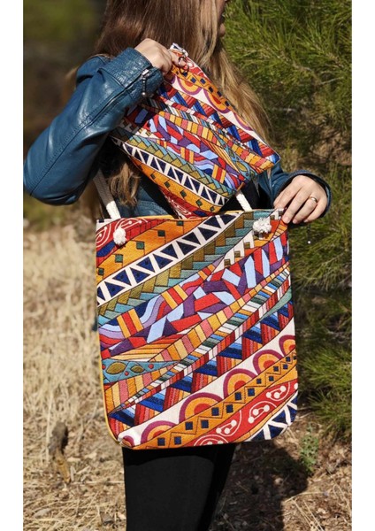 Soyut Geometrik Bez Çanta ve Portföy Clutch El Çantası, Etnik Omuz Çanta, Makine Dokuma Kalın Kumaş Çanta, Renkli Kozmetik Çantası