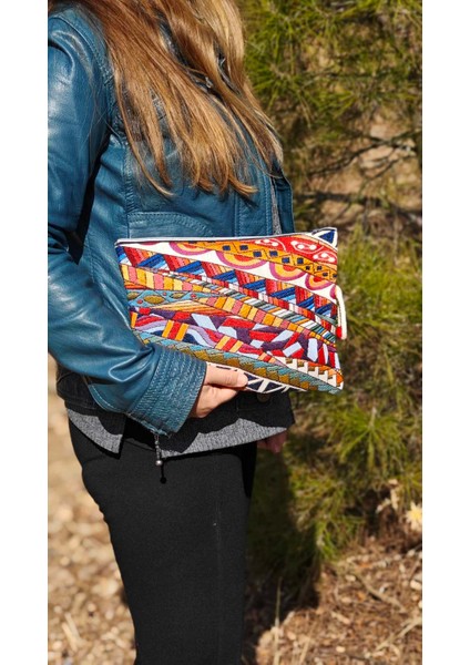 Soyut Geometrik Bez Çanta ve Portföy Clutch El Çantası, Etnik Omuz Çanta, Makine Dokuma Kalın Kumaş Çanta, Renkli Kozmetik Çantası