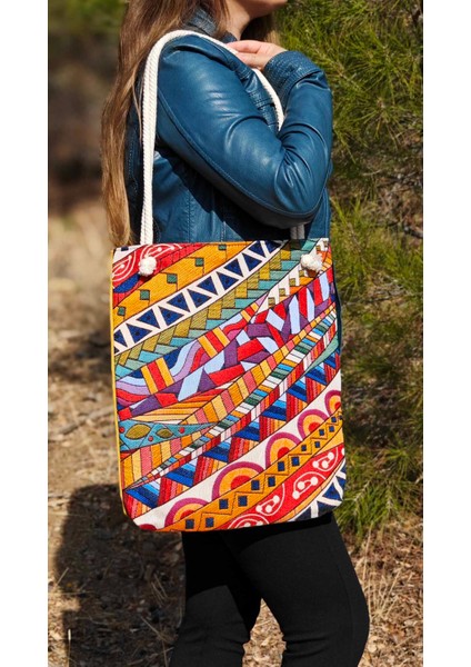 Soyut Geometrik Bez Çanta ve Portföy Clutch El Çantası, Etnik Omuz Çanta, Makine Dokuma Kalın Kumaş Çanta, Renkli Kozmetik Çantası