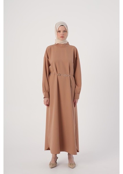 Toprak-Kemerli Yanları Oval Yırtmaçlı Elbise fiyatları