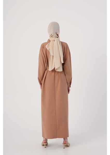 Toprak-Kemerli Yanları Oval Yırtmaçlı Elbise fırsatları