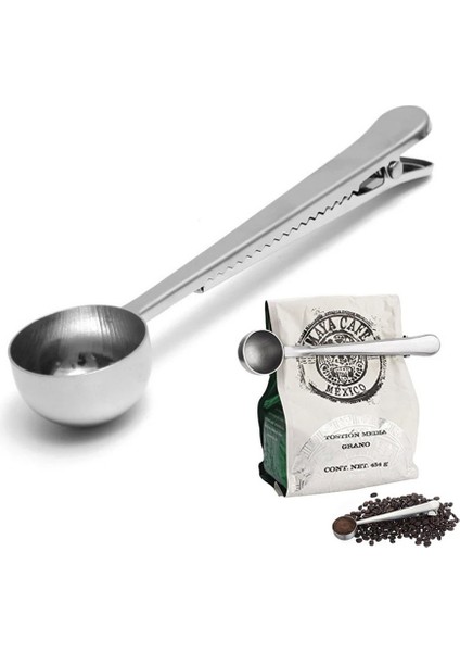 Paslanmaz Çelik Çay Kahve Bitki Çayı Mutfak Ölçü Kaşığı ve Paket Klipsi Silver