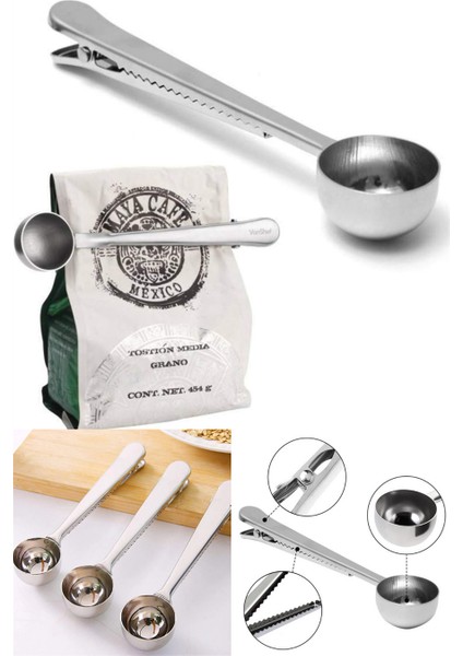 Paslanmaz Çelik Çay Kahve Bitki Çayı Mutfak Ölçü Kaşığı ve Paket Klipsi Silver
