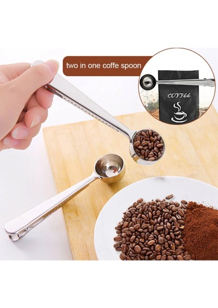 Paslanmaz Çelik Çay Kahve Bitki Çayı Mutfak Ölçü Kaşığı ve Paket Klipsi Silver