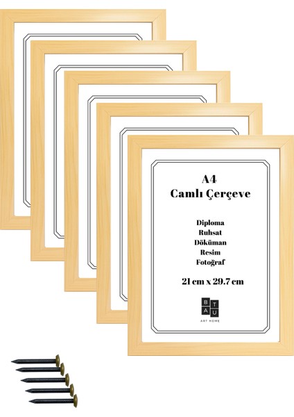 5 Adet A4 Çerçeve Gerçek Camlı Belge Diploma Resim Fotoğraf Asılabilir 21 x 29.7 cm