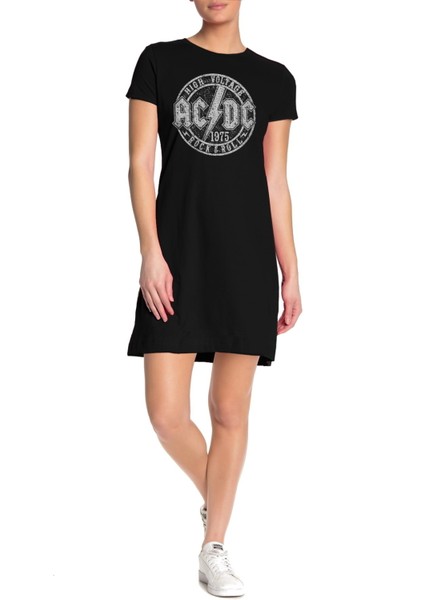 Dairede Acdc Siyah Kısa Kollu Penye T-Shirt Elbise