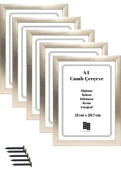 5 Adet A4 Çerçeve Eskitme Gümüş Renk Gerçek Camlı Belge Diploma Resim Fotoğraf Asılabilir 21 x 29.7 cm