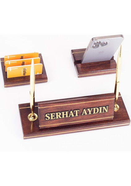 Hakiki Maun Masa Isimliği Telefon Standlı Masa Üstü Isimlik Pirinç Masif 3 Parça Masa Isimlik Seti