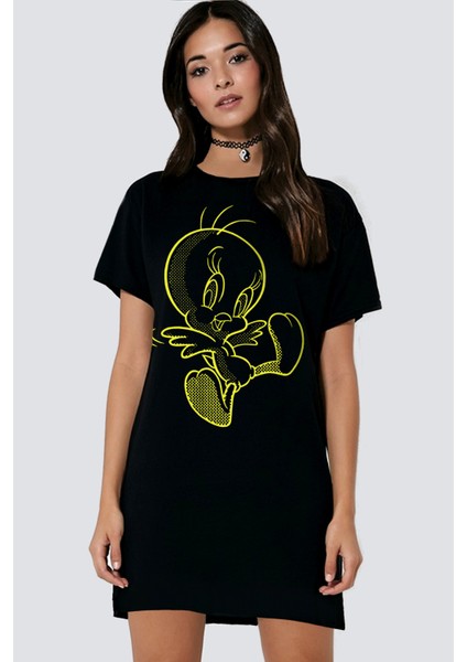 Neşeli Kuş Siyah Kısa Kollu Penye T-Shirt Elbise