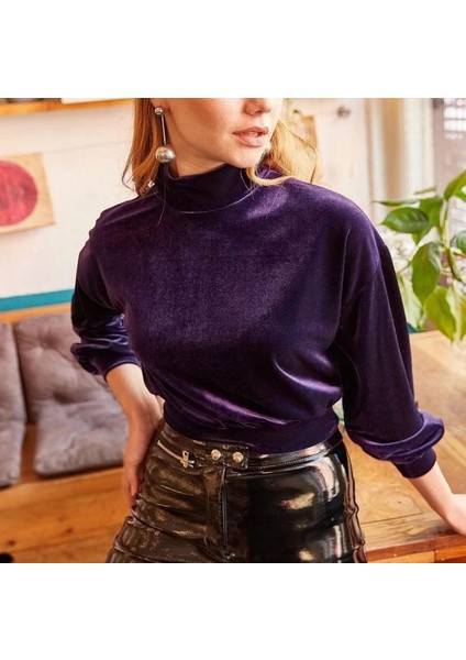 Balıkçı Yaka Crop Kadife Bluz