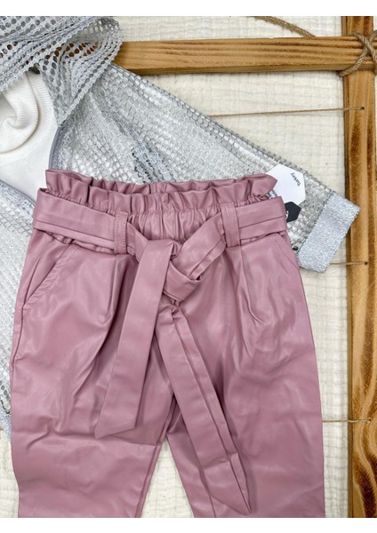 Kız Çocuk File Hırkalı Body Deri Pantalon 3'lü Takım