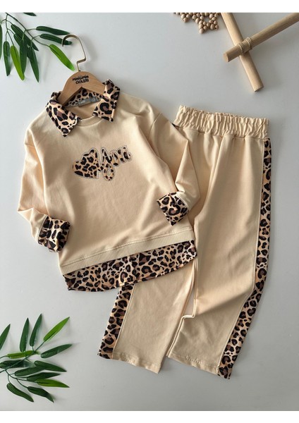 Leopar Şerit Detaylı Love You Kız Çocuk 2 li takım - Krem