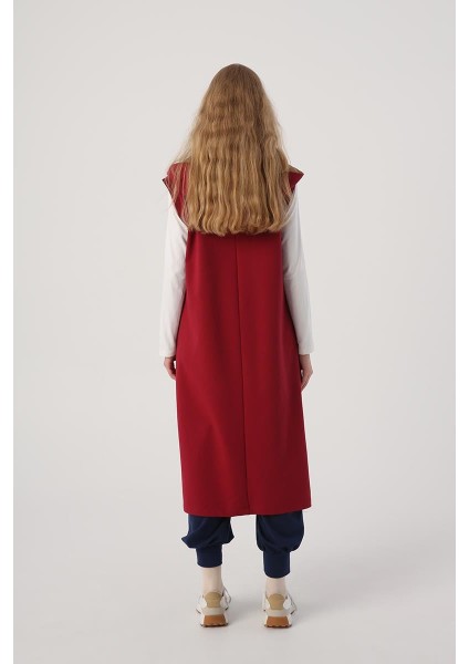 Koyu Bordo-Dokuma Garnili Şerit Detaylı Kapüşonlu Yelek fırsatları