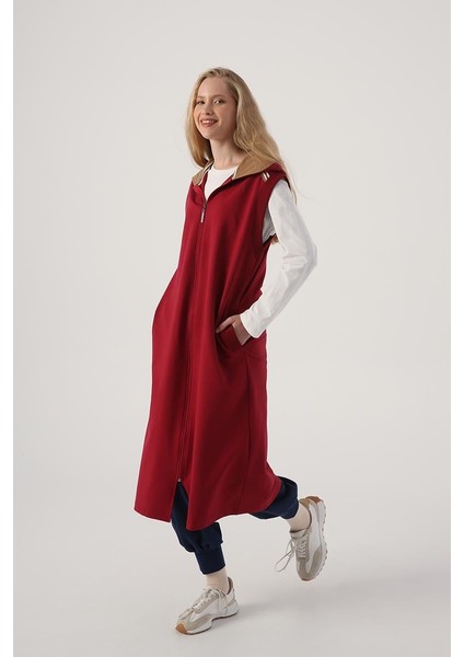 Koyu Bordo-Dokuma Garnili Şerit Detaylı Kapüşonlu Yelek indirimleri