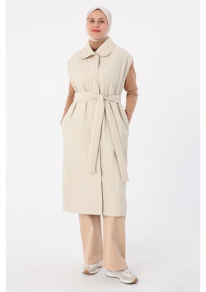 Bej-Oversize Çıtçıtlı Dikey Çizgi Uzun Kapitone Yelek fiyatları