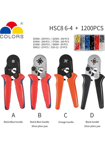 Hsc8 6-4 1200PCS Tarzı B Hsc8 Presleme Pense Hsc Tüp Tip Iğne Terminal Kutu Seti Mini Basınç Teli Halka Aletleri (Yurt Dışından)