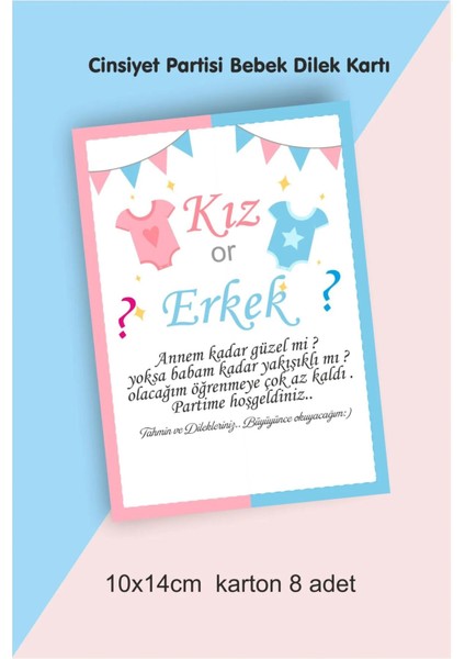 Cinsiyet Partisi Tahmin ve Dilek Anı Kartı 8 Adet 10X14 cm
