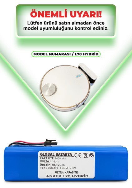 Anker Eufy Robovac L70 Hybrid Uyumlu Akıllı Robot Süpürge Bataryası 14.4V 7000MAH Li-Ion Pil (Ultra Kapasite)