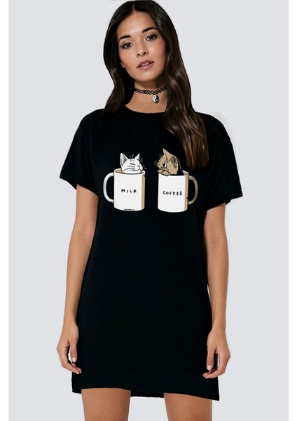 Sütlü ve Sade Siyah Kısa Kollu Penye T-Shirt Elbise