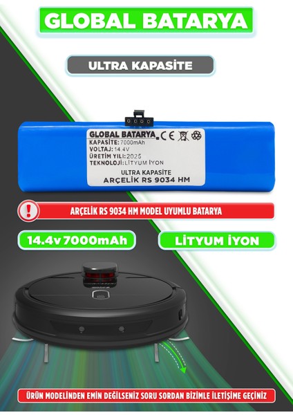 Arçelik Robo Rs 9034 Hm Uyumlu Akıllı Robot Süpürge Bataryası 14.4V 7000MAH Pil (Ultra Kapasite)