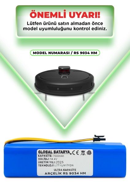 Arçelik Robo Rs 9034 Hm Uyumlu Akıllı Robot Süpürge Bataryası 14.4V 7000MAH Pil (Ultra Kapasite)