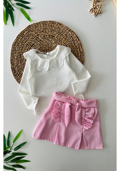 Kadife Etekli Yaka Fisto Detaylı Kız çocuk takım - Pembe
