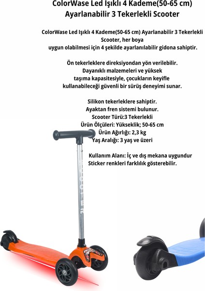 Colorwase LED Işıklı 4 Kademe(50-65 Cm) Ayarlanabilir 3 Tekerlekli Scooter