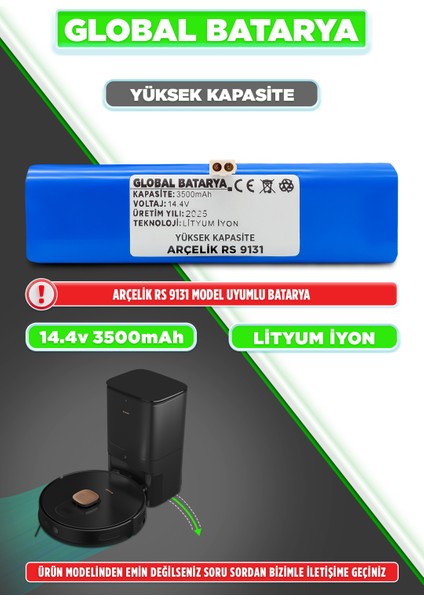 Arçelik Rs 9131 Uyumlu Akıllı Robot Süpürge Bataryası 14.4V 3500mAh Li-Ion Pil (Yüksek Kapasite)