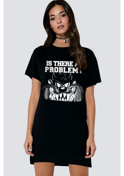 Taz Problem Siyah Kısa Kollu Penye T-Shirt Elbise