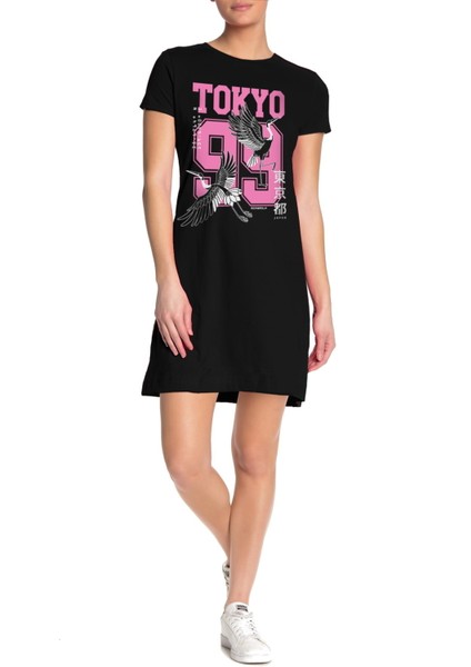 Tokyo 99 Siyah Kısa Kollu Penye T-Shirt Elbise