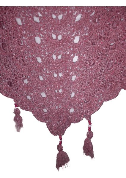 El Örgüsü Püskül Boncuk Detaylı Pembe Kırçıllı Orta Boy Tiftik Şal modelleri