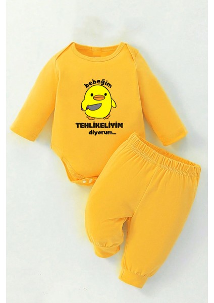 %100 Pamuklu Tehlikeliyim Diyorum Baskılı Kız - Erkek Bebek & Çocuk Takım