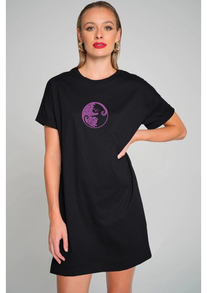 Denge Kedileri Siyah Kısa Kollu Penye T-Shirt Elbise