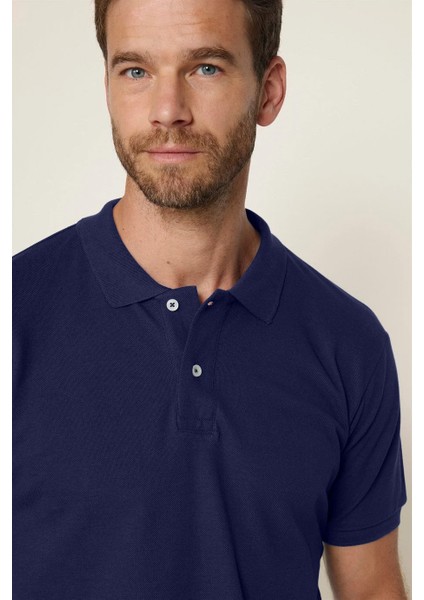Erkek Slim Fit Dar Kesim Pamuklu Yumuşak Dokulu Serin Tutan Kumaş Düz Pike Lacivert Polo Yaka Tişört