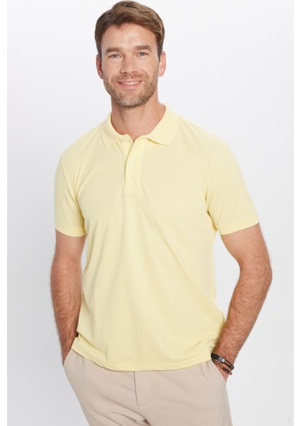 Erkek Slim Fit Dar Kesim Pamuklu Yumuşak Doku Nefes Alan Kumaş Kıvrılmaz Yaka Sarı Polo Yaka Tişört