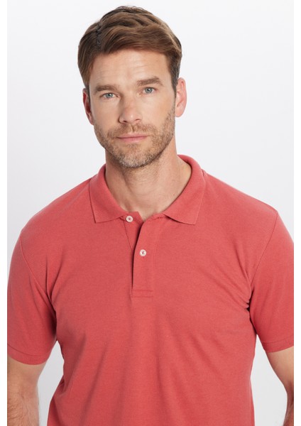 Erkek Slim Fit Dar Kesim Pamuklu Yumuşak Dokulu Serin Tutan Kumaş Düz Kiremit Renk Polo Yaka T-Shirt
