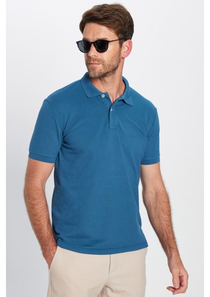 Erkek Slim Fit Dar Kesim Pamuklu Yumuşak Dokulu Serin Tutan Kumaş Düz Pike Petrol Polo Yaka Tişört