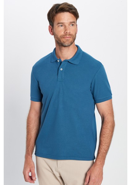 Erkek Slim Fit Dar Kesim Pamuklu Yumuşak Dokulu Serin Tutan Kumaş Düz Pike Petrol Polo Yaka Tişört