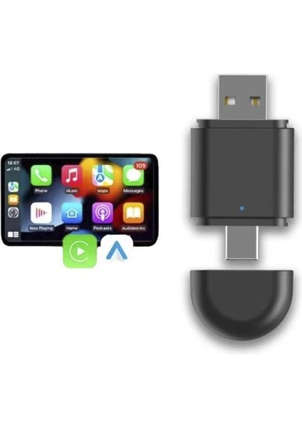 Mini 2in1 Kablosuz Carplay USB ve Type-C Uyumlu Araç Multimedya Dönüştürücü Adaptörü Siyah