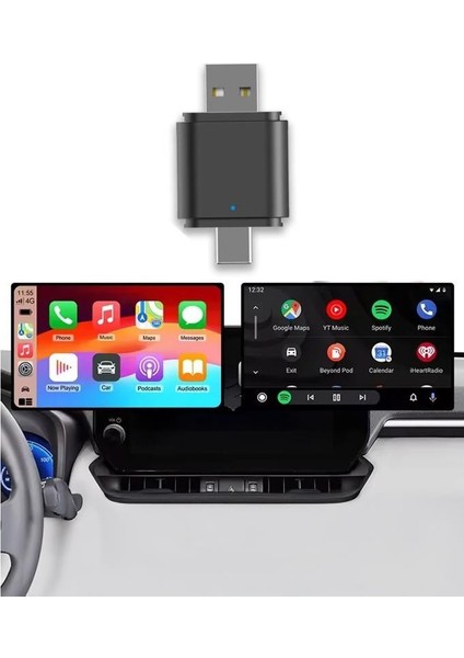 Mini 2in1 Kablosuz Carplay USB ve Type-C Uyumlu Araç Multimedya Dönüştürücü Adaptörü Siyah