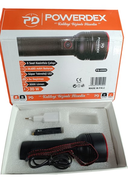 PD-6900 Profesyonel Şarjlı El Feneri, Avcı Feneri 2000 Lümen 20 Watt
