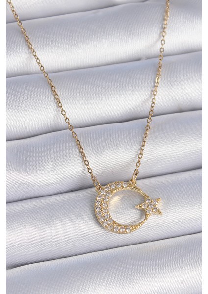316L Çilek Zincir Gold Renk Zirkon Taşlı Ay Yıldız Model Kadın Kolye - TJ-BKO9364
