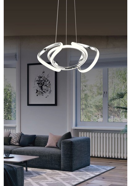 Krom Kasa Dron Modern Üç Renkli Salon Ledli Avize ve Oturma Odası Avize