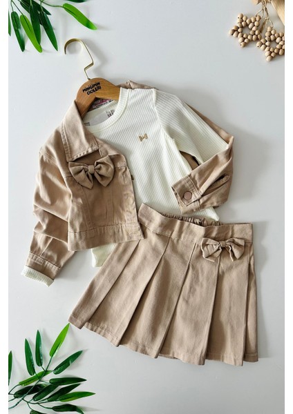 Fiyonk Detaylı Pileli Etekli Kız Çocuk 3 lü takım - Kahve